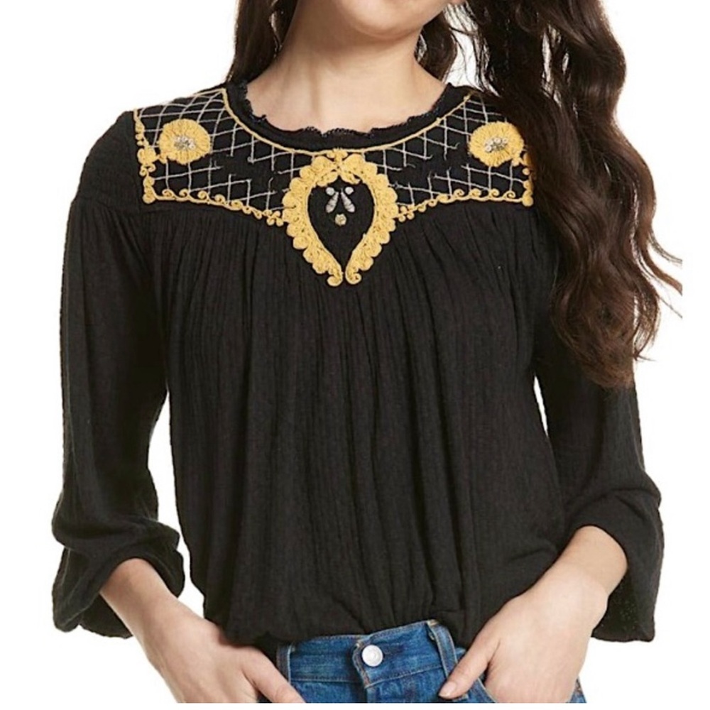 Free people black & gold embroidered top